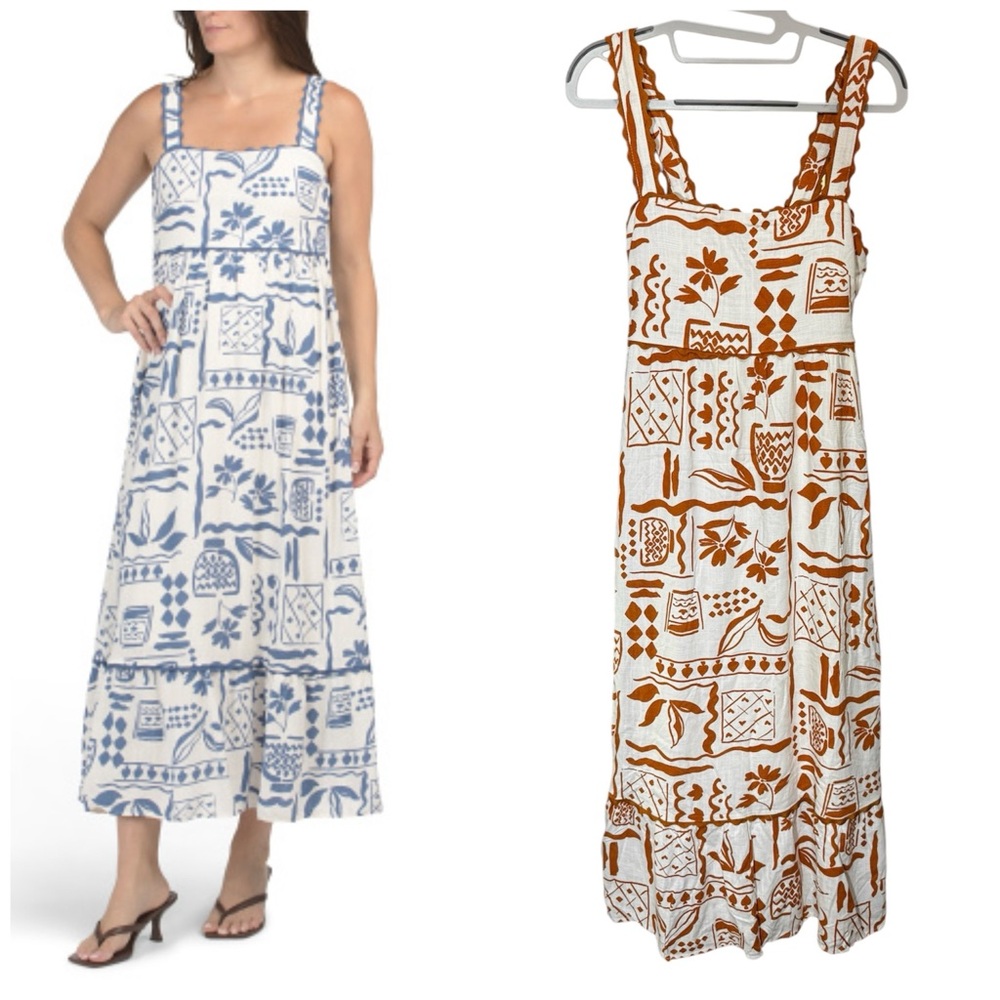 NWT Calypso St Barth Linen Blend Ric Rac Trim Sketch Book Print Maxi Dress Small